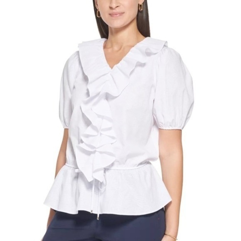 Tommy Hilfiger‎ Ruffle Puff Sleeve Peplum Blouse S White HS41F49A